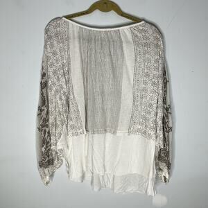 FREE PEOPLE White and Tan Mesh and Embroidered Boho Style Lyocell Blend Top SM